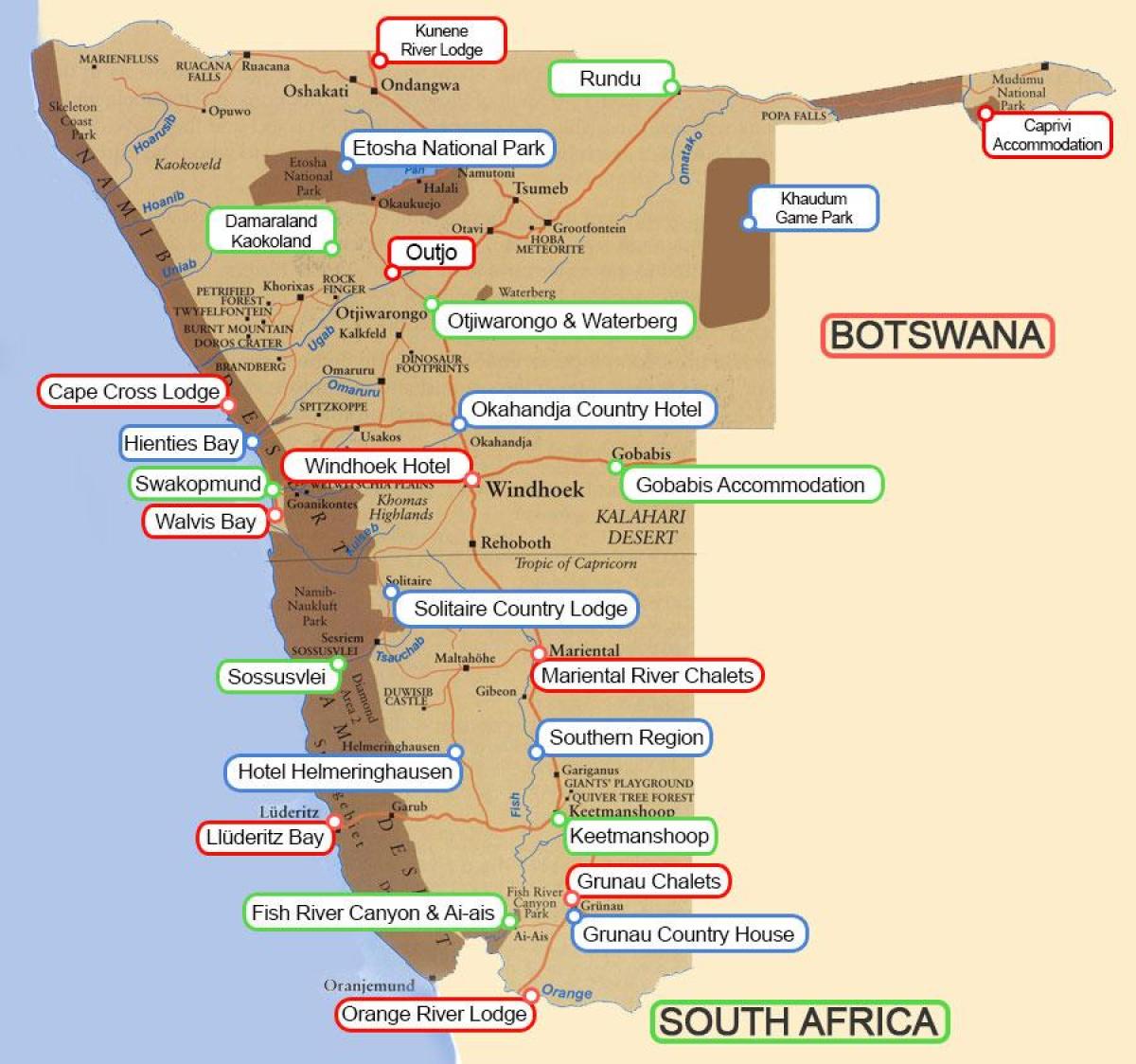 Mapa Namíbia chaty