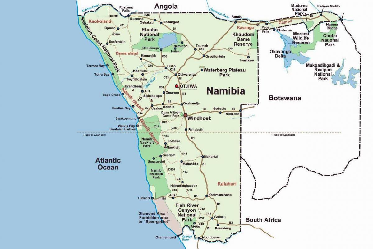 kostra pobrežie Namíbie mapu