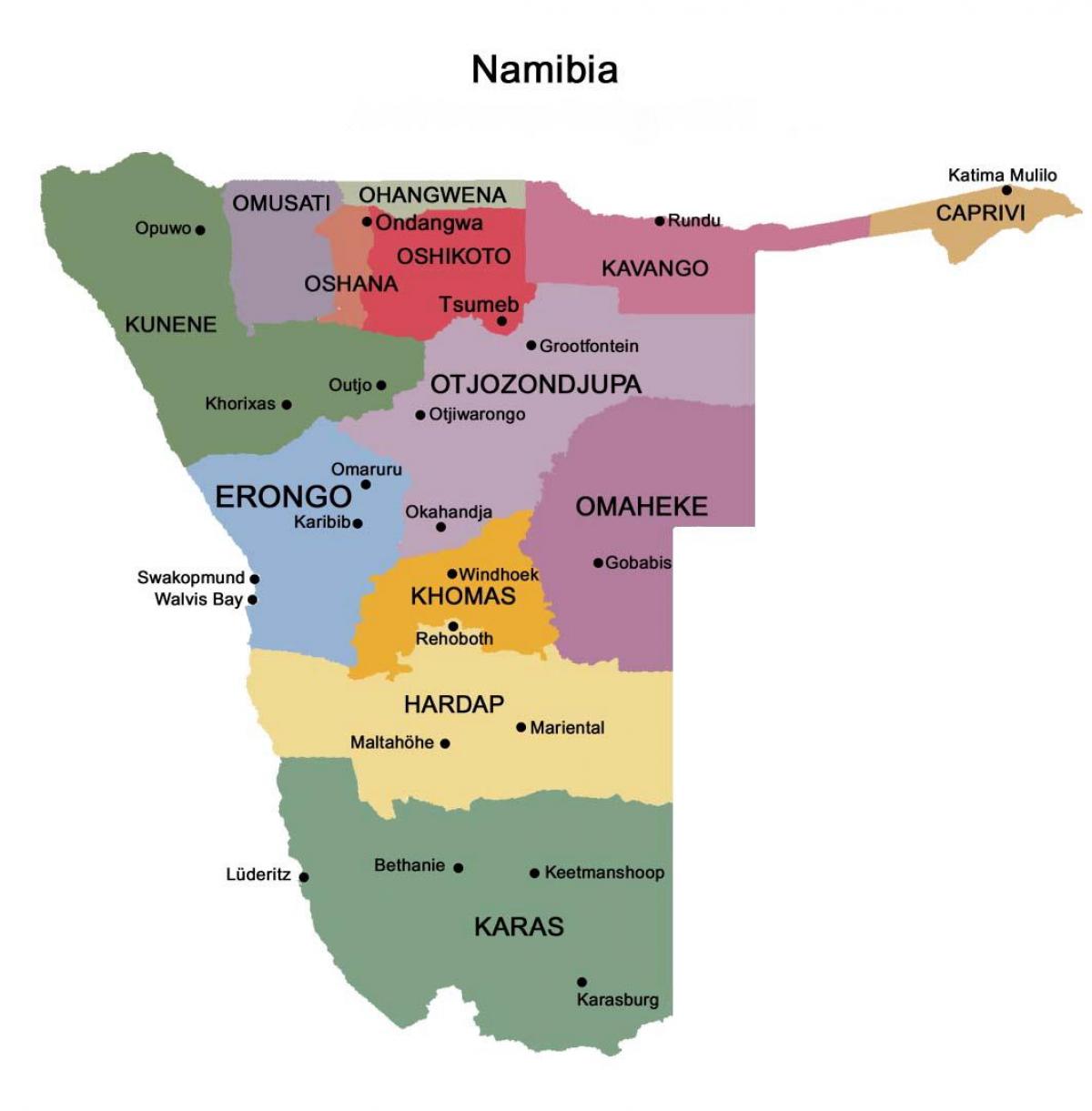 Mapa Namíbia s regióny